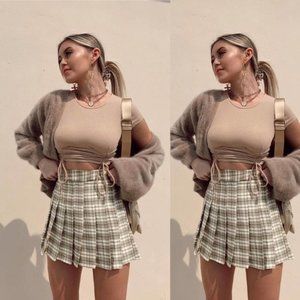 Romwe Pistachio Green Plaid Pleated High Waisted Mini Skirt Size Small